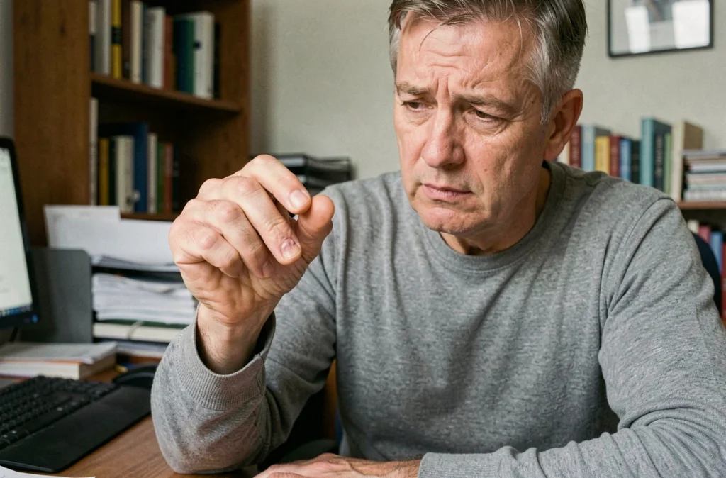 Homme adulte examinant une boule sur l'articulation de son index avec une expression préoccupée dans un bureau à domicile