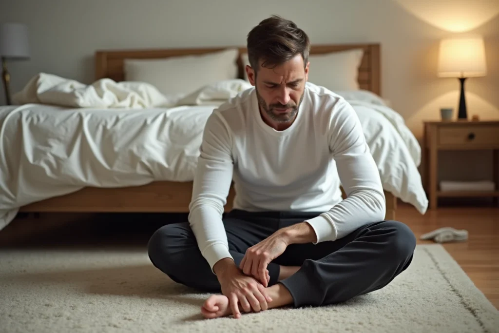 Homme se grattant la cheville sur un tapis de chambre en raison de piqûres de puces non détectées