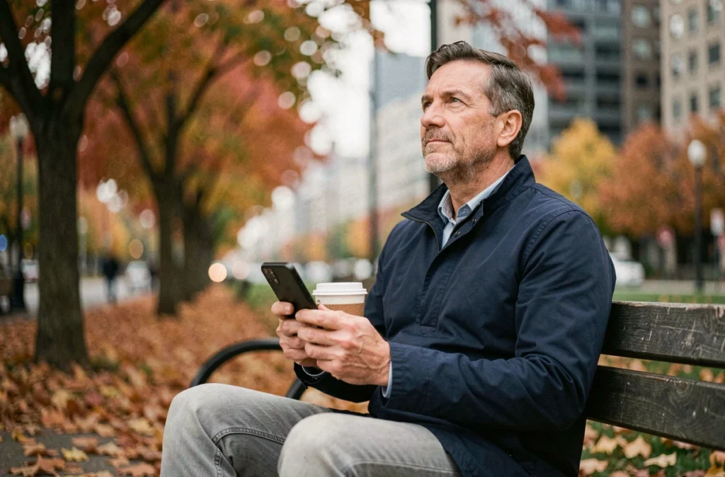 Homme en pleine réflexion sur un banc de parc en automne après avoir lu un article de développement personnel sur son téléphone