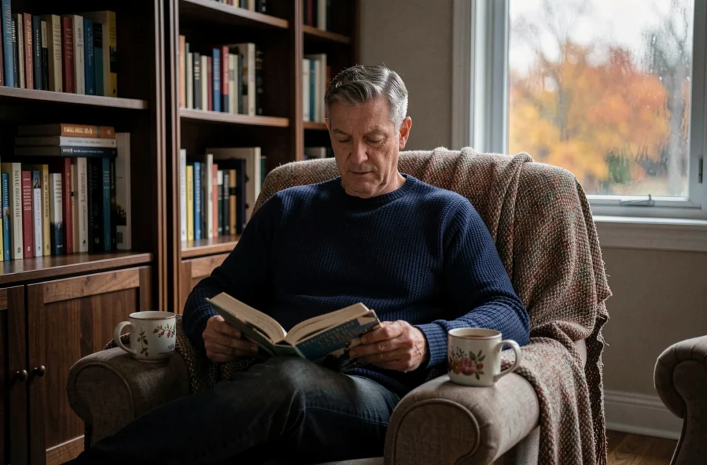 Homme mature lisant un livre avec une tisane rooibos dans un fauteuil cosy, ambiance soirée automnale