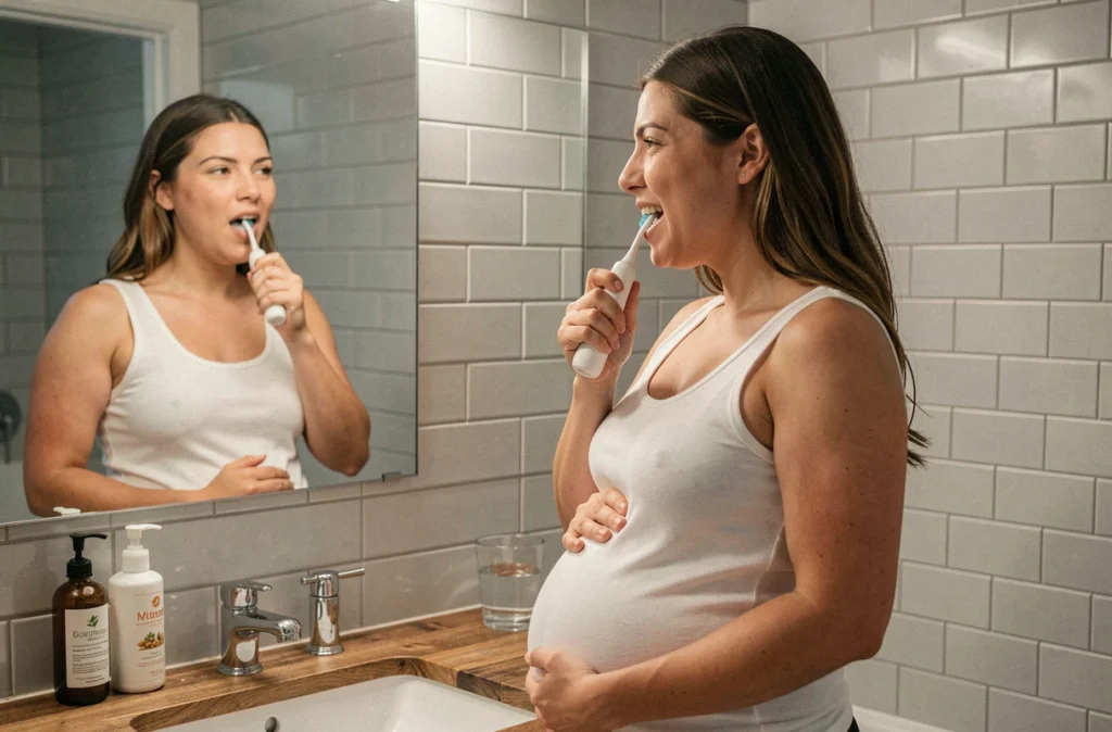 Femme enceinte se brossant les dents avec un brosse à dents électrique devant le miroir de sa salle de bain, soin bucco-dentaire pendant la grossesse
