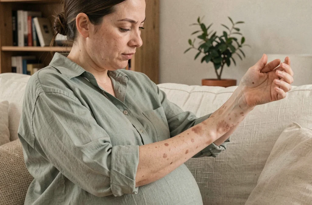 Femme enceinte examinant les changements cutanés sur son avant-bras assise dans son salon