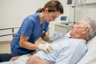 Infirmière examinant les escarres d'un patient âgé hospitalisé avec soin et professionnalisme