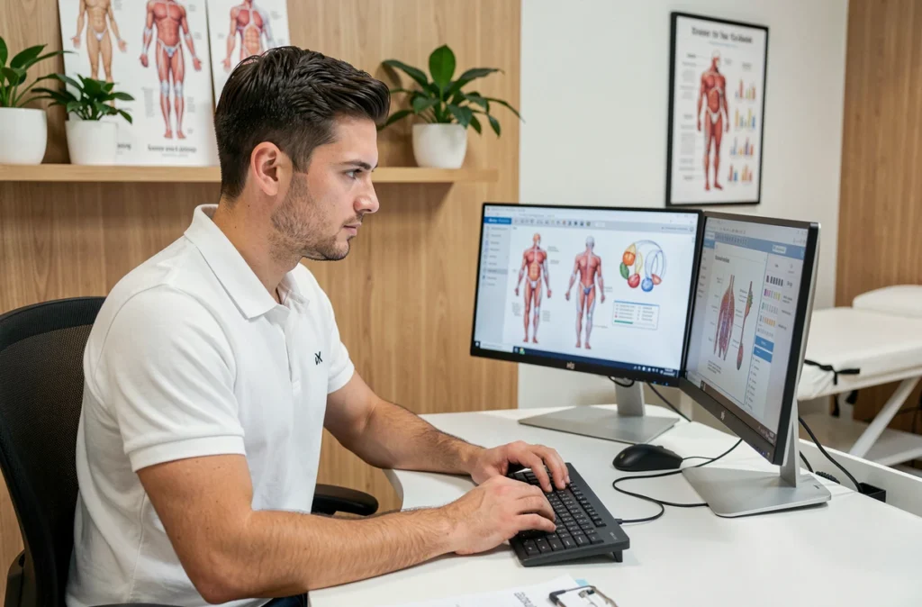 Kinésithérapeute professionnel consultant un dossier patient en ligne dans un cabinet moderne de rééducation