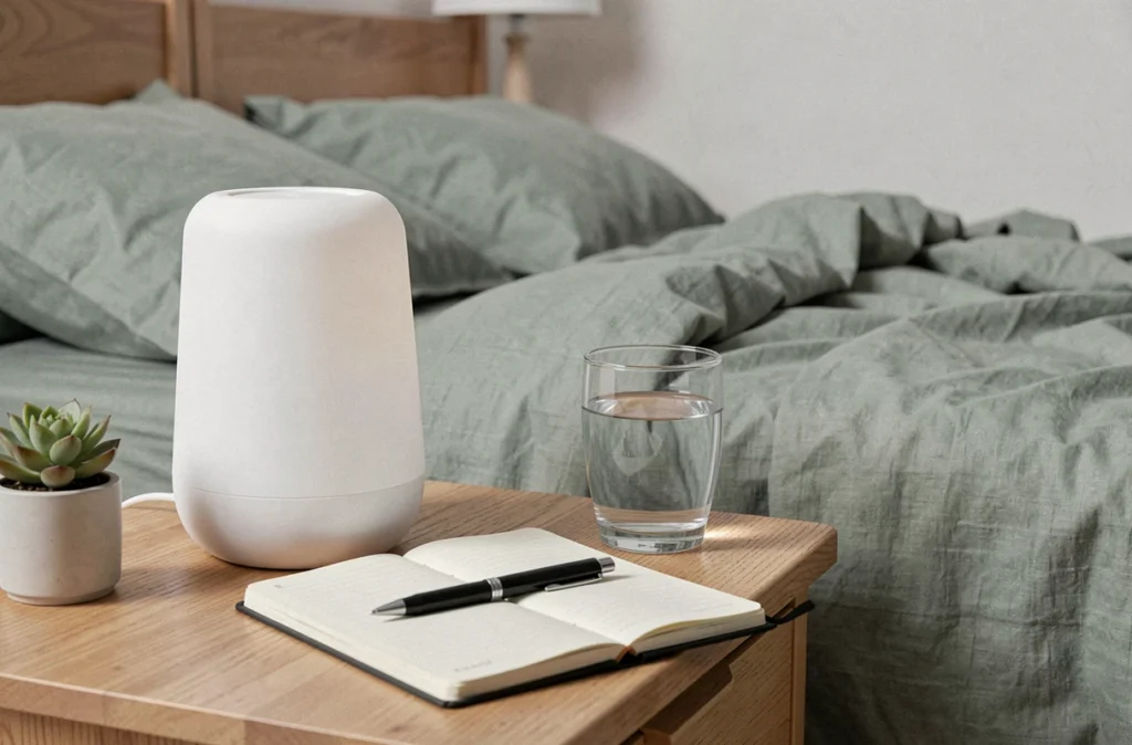 Lampe de luminothérapie posée sur une table de nuit dans une chambre apaisante