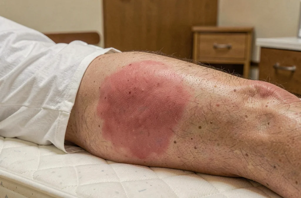 Lésion de pression stade 1 sur la région trochantérienne d'un adulte en établissement de soins, rougeur non blanchissable sur peau intacte, documentation photographique médicale réaliste pour article sur les escarres débutantes