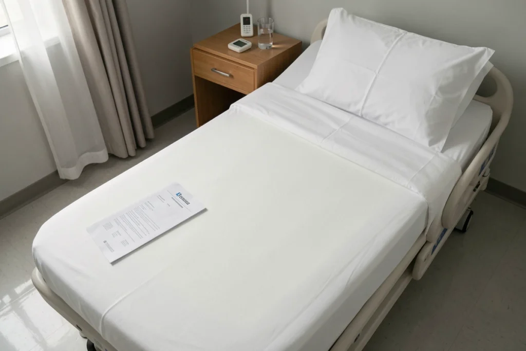 Matelas anti-escarres et document sur les droits du patient posé sur une table de chevet dans une chambre d'hôpital soignée