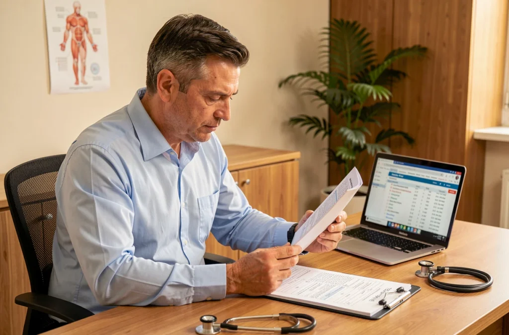 Médecin généraliste analysant un bilan sanguin avec un taux de VGM élevé évoquant une anémie macrocytaire en consultation