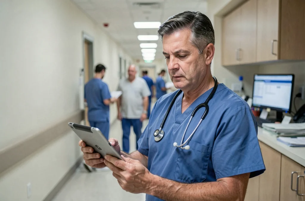 Médecin hospitalier consultant des données patients sur tablette dans un couloir d'hôpital pendant la surveillance d'un nouveau variant