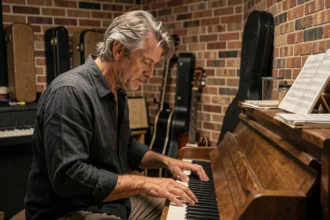 Musicien introspectif assis au piano dans un studio de répétition, évoquant la résilience face à la maladie auto-immune
