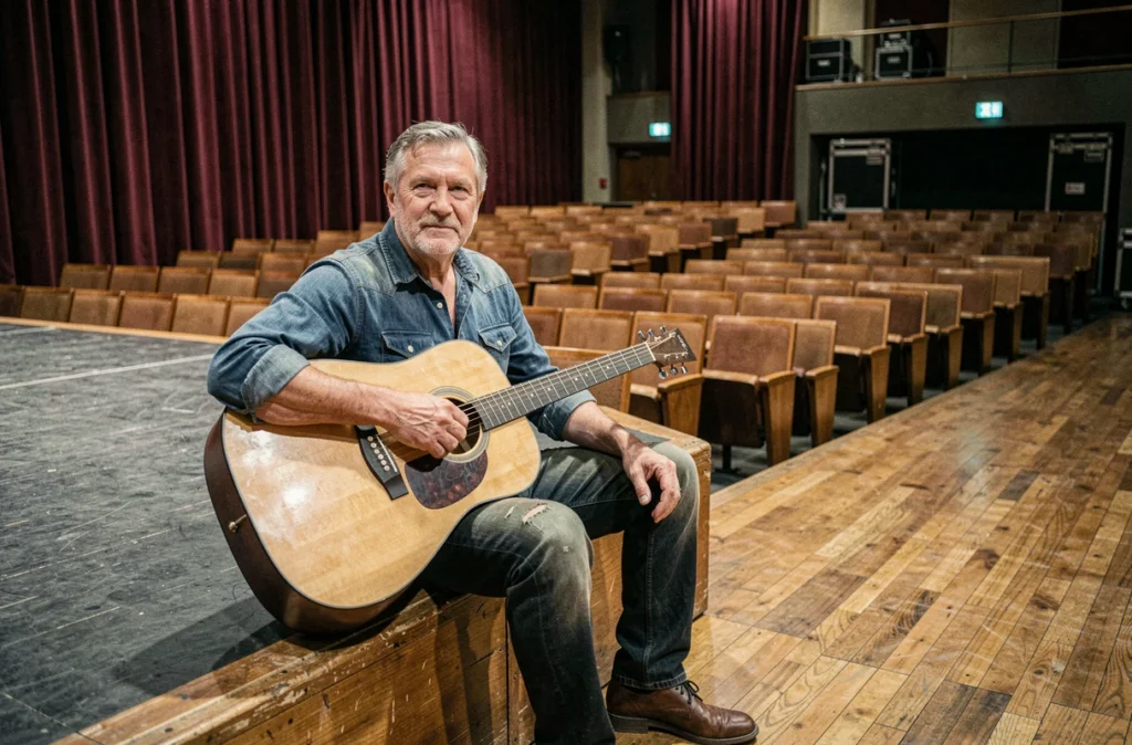 Musicien seul sur scène dans une salle de concert vide avec une guitare acoustique, illustrant la renaissance artistique après une épreuve de santé