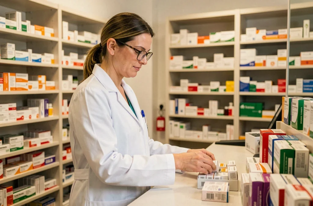 Pharmacienne de garde dans l'Oise préparant des médicaments un jour férié