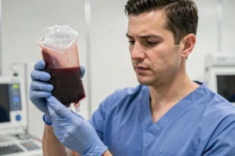 Professionnel de santé tenant une poche de sang dans un hôpital, illustrant le volume de sang dans le corps humain
