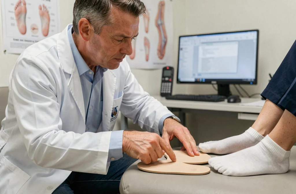 Podologue expliquant le rôle d'une semelle orthopédique pour traiter l'épine calcanéenne chez un patient en surpoids