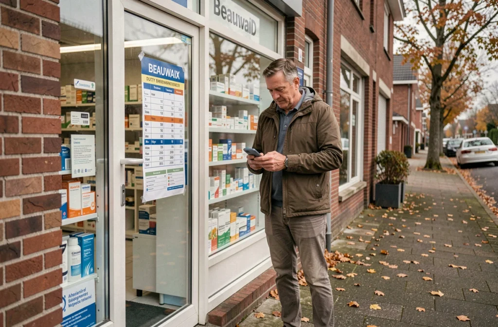 Homme cherchant une pharmacie de garde dans l'Oise un jour férié sur son téléphone