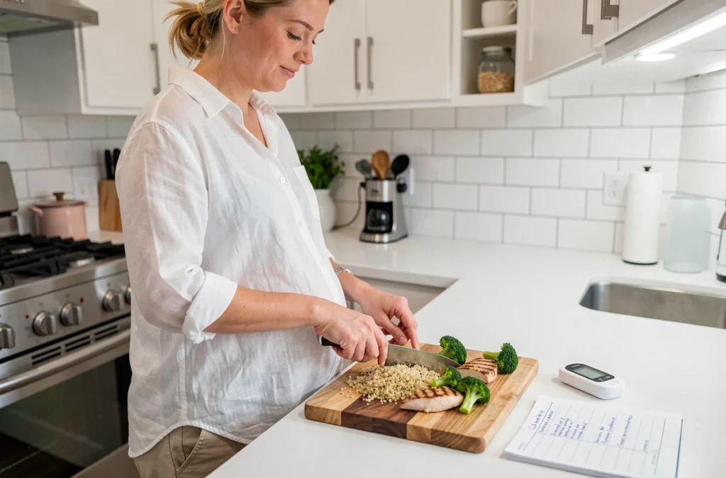 Femme enceinte préparant un repas équilibré adapté au diabète gestationnel dans une cuisine moderne