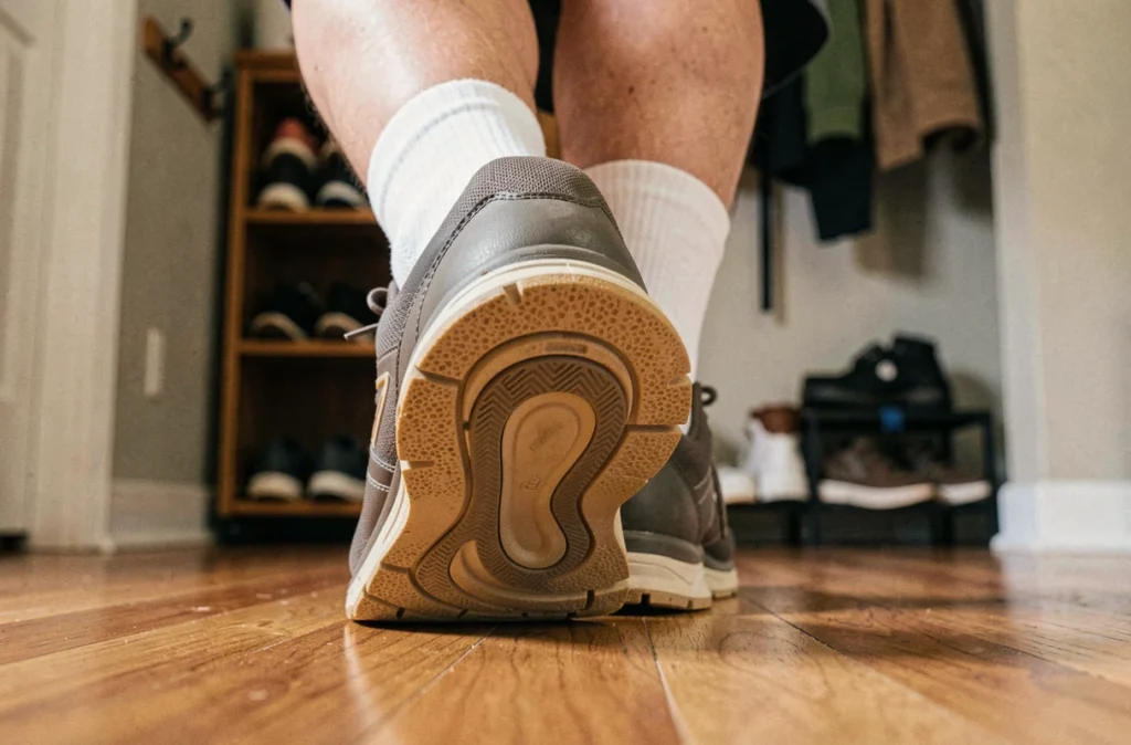 Semelle orthopédique à coque talonnière insérée dans une chaussure de marche pour soulager l'épine calcanéenne et le surpoids