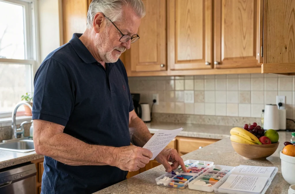 Un homme senior autonome suit une recette et organise ses médicaments dans sa cuisine, illustrant l'autonomie quotidienne après 65 ans