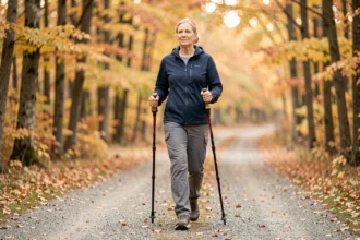 Senior active pratiquant la marche nordique en forêt en automne avec des bâtons de randonnée