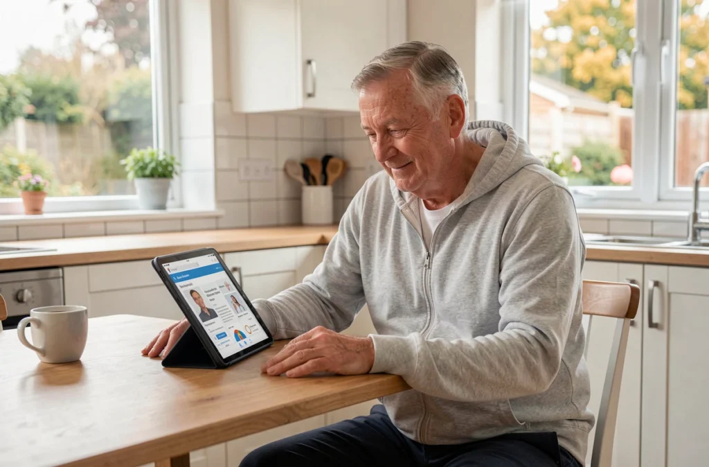 Homme senior consultant une plateforme de kinésithérapie en ligne depuis sa cuisine pour gérer ses douleurs chroniques au quotidien