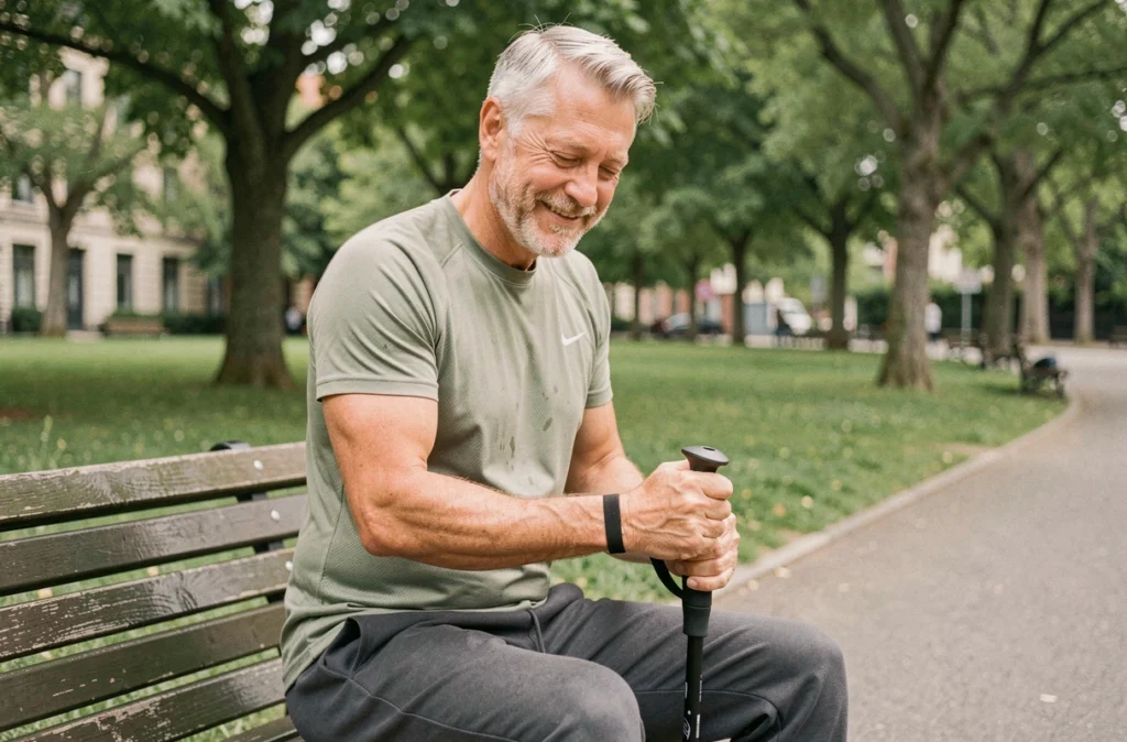 Senior homme souriant ajustant ses bâtons de marche nordique dans un parc urbain