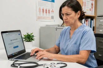 Soignante en blouse médicale regardant un message d'erreur de connexion sur un portail de santé en ligne