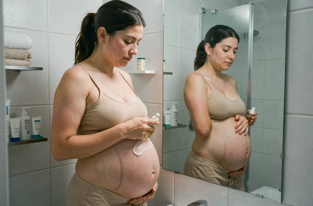 Future maman appliquant une crème sur son ventre devant le miroir de la salle de bain pendant la grossesse