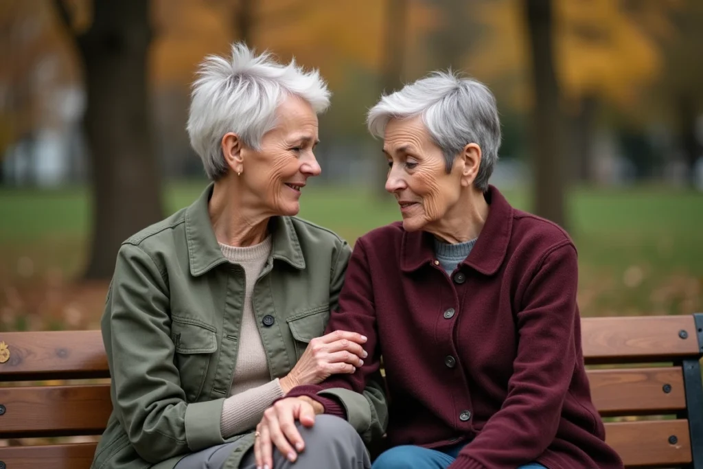 Deux femmes en soutien mutuel dans un parc en automne, illustrant l'accompagnement émotionnel face à la peur de récidive du cancer