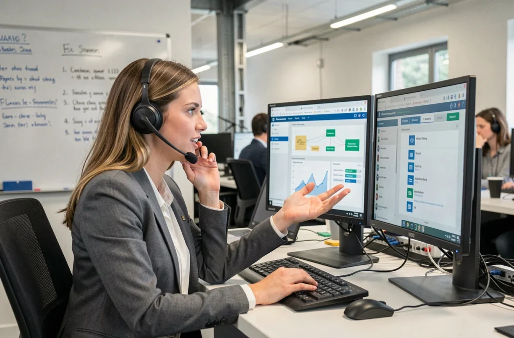 Technicienne du support informatique aidant un utilisateur à résoudre un problème d'accès à un portail de santé numérique