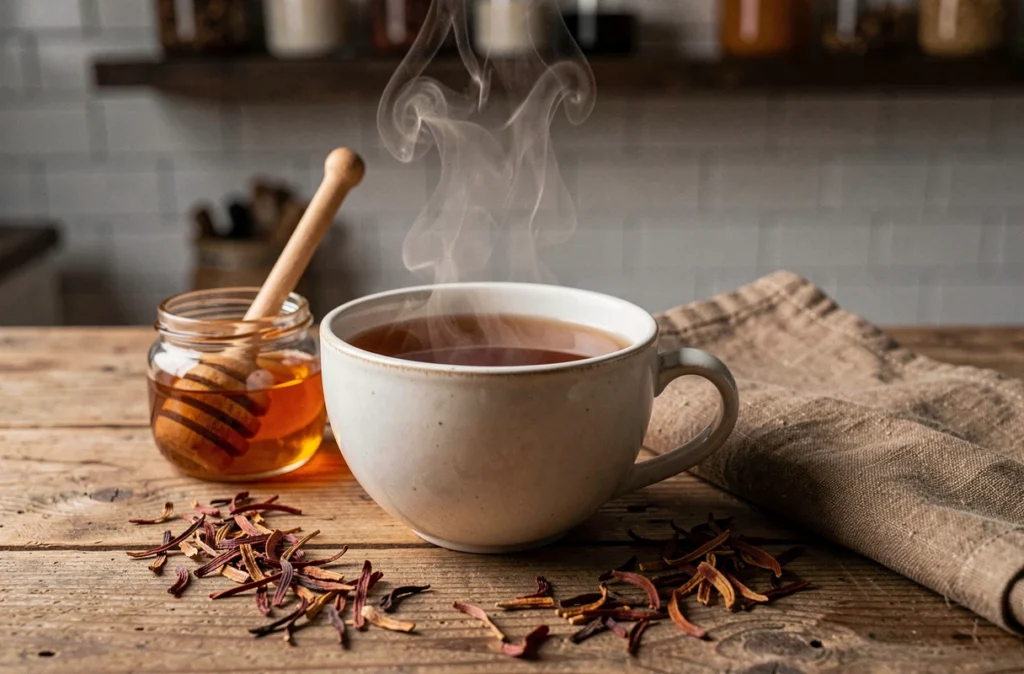 Tasse de tisane rooibos fumante sur une table en bois avec feuilles séchées et miel, vue rapprochée