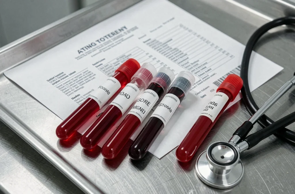 Tubes d'échantillons de sang humain sur une table médicale pour analyse du volume sanguin total