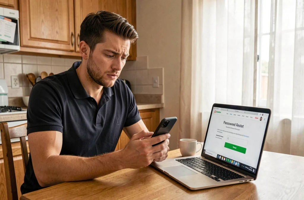 Homme consultant un guide de réinitialisation de mot de passe sur un portail de soins depuis son domicile