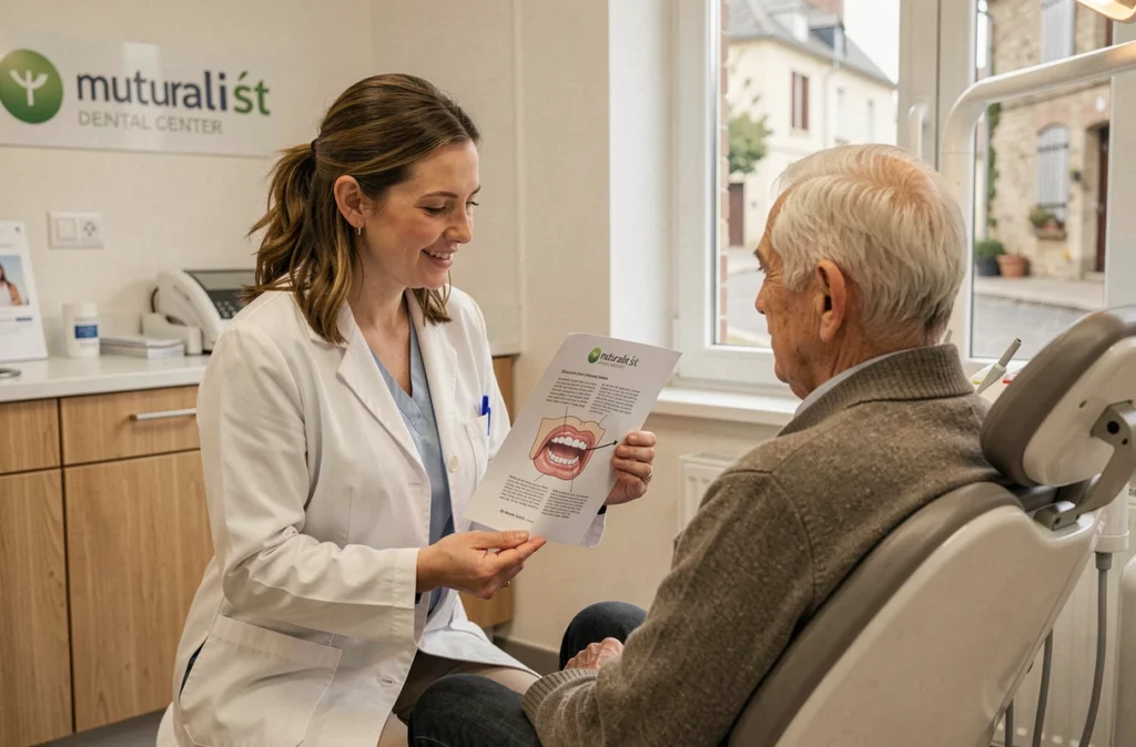 Dentiste expliquant un plan de traitement à un patient âgé dans le centre dentaire mutualiste VYV 3 en Loir-et-Cher