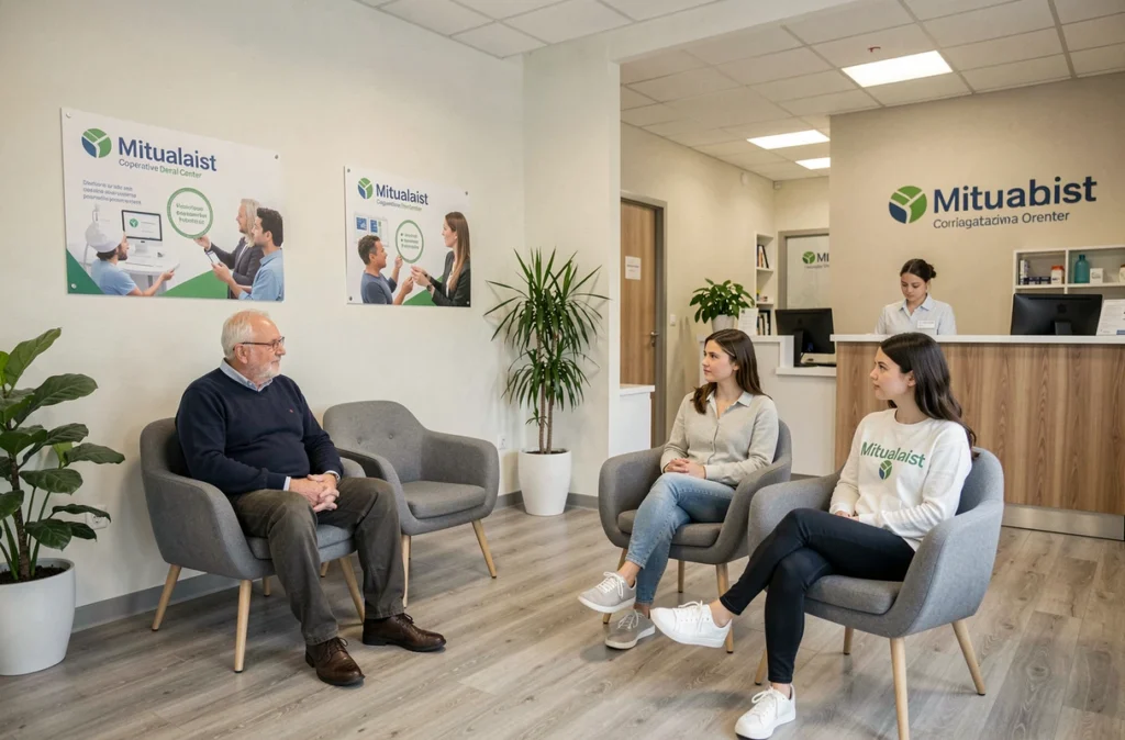 Salle d'attente du centre dentaire mutualiste VYV 3 dans l'agglomération orléanaise avec des patients